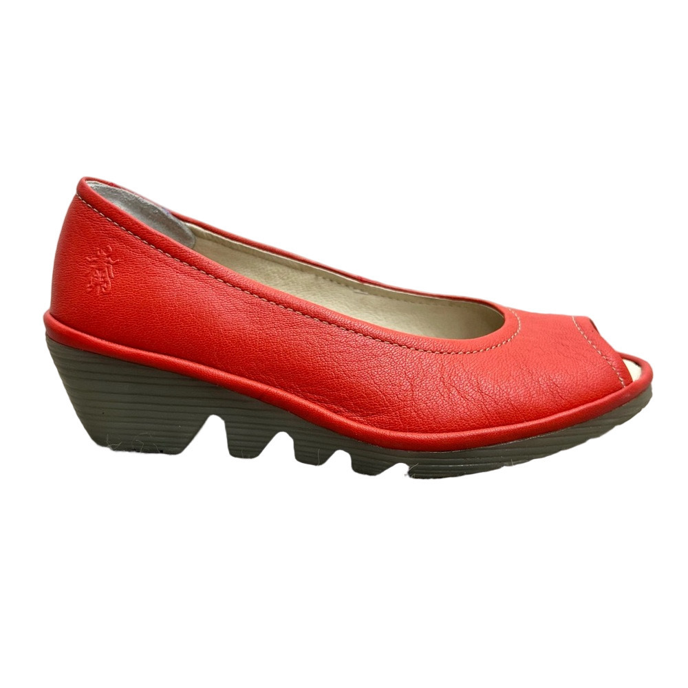 FLY London tomato red leather open peep toe wedge heel slip on shoes pumps EU 37